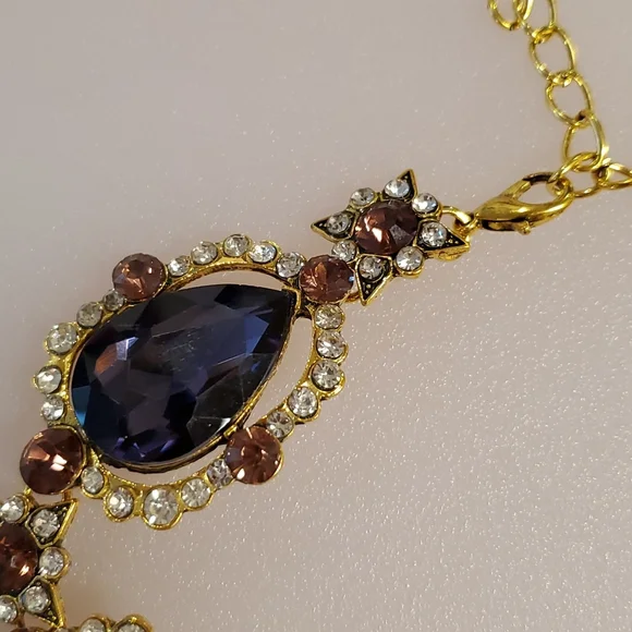 Purple amber and clear rhinestones goldtone statement necklace NIB wedding prom - Picture 4 of 10